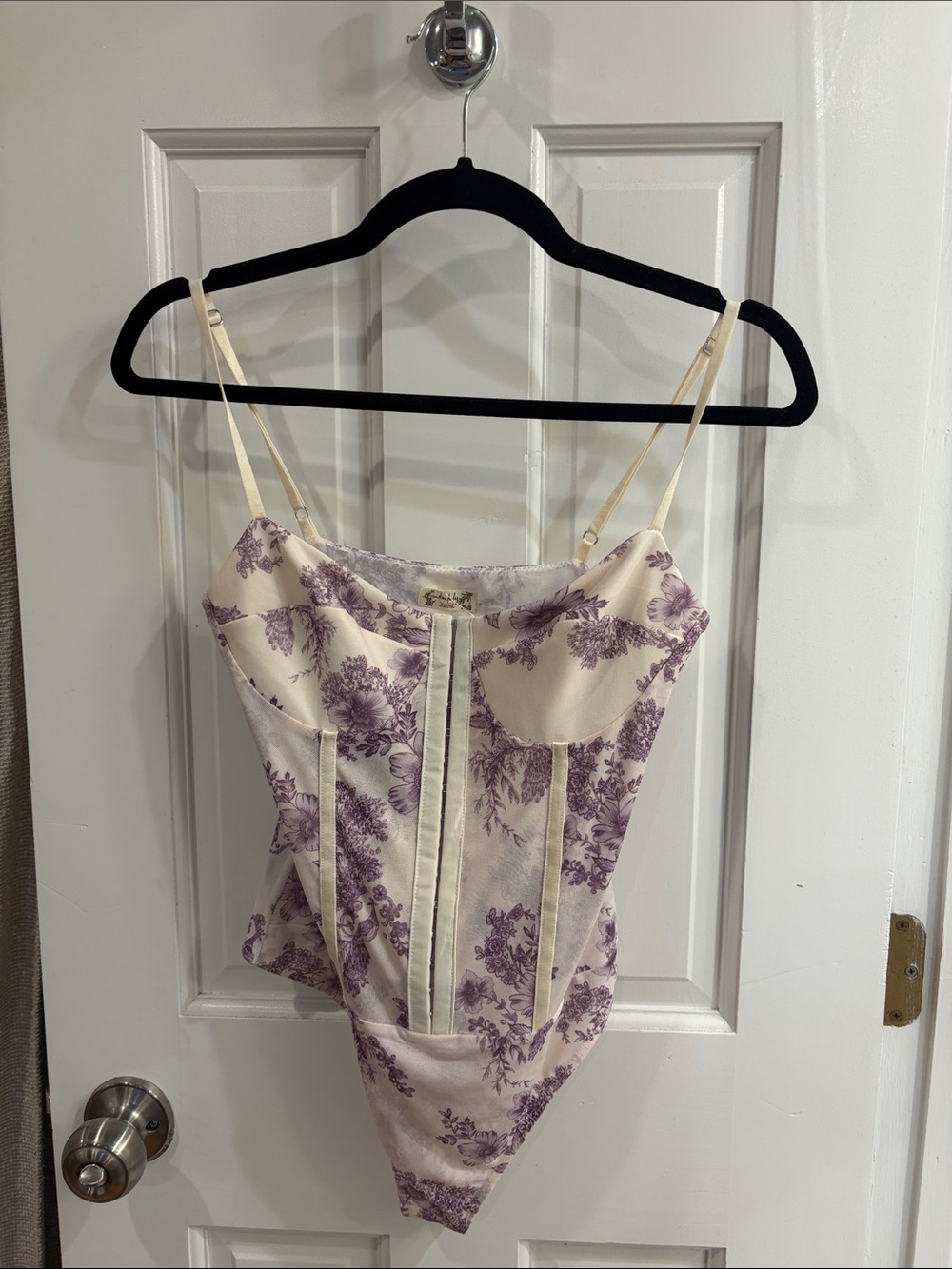 Cream and Purple Floral Corset-Style Bodysuit